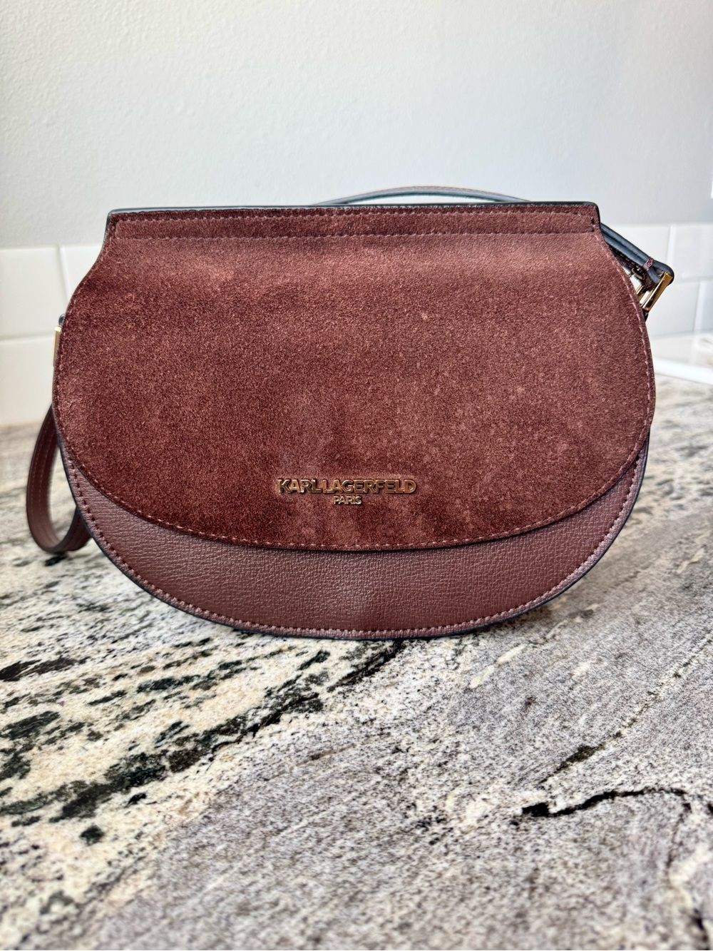 Karl Lagerfeld Plum Suede & Leather Saddle Crossbody - Deep Wine